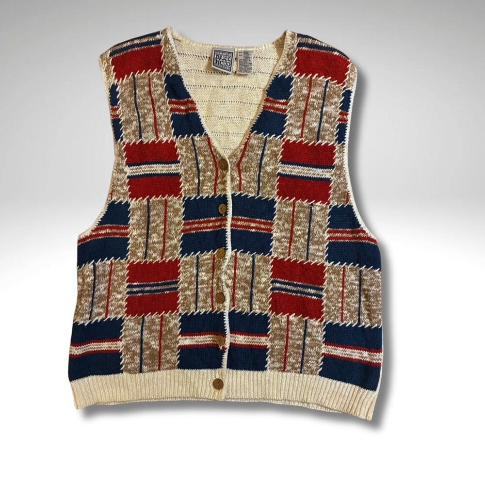VTG Patchwork Rugged Americana Cream Knit Russ Sport Company Sweater Vest XL